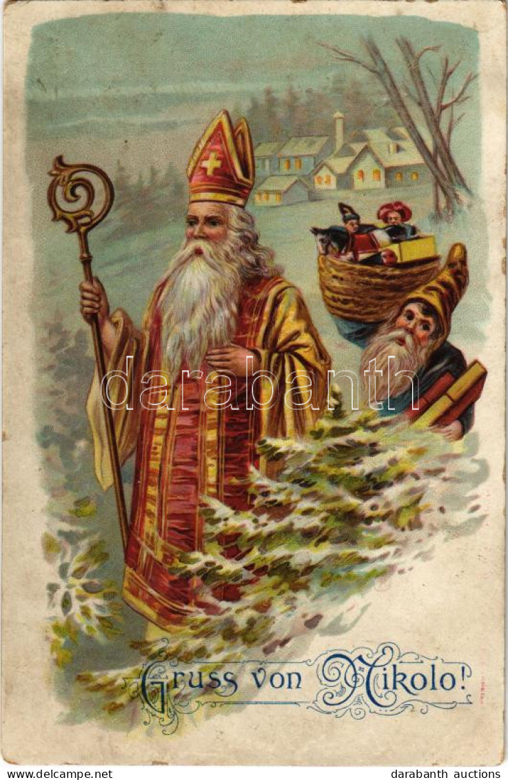 ** T2/T3 Gruss Von Nikolo! / Christmas Greeting Art Postcard With Saint Nicholas And Dwarves. Litho (EK) - Ohne Zuordnung