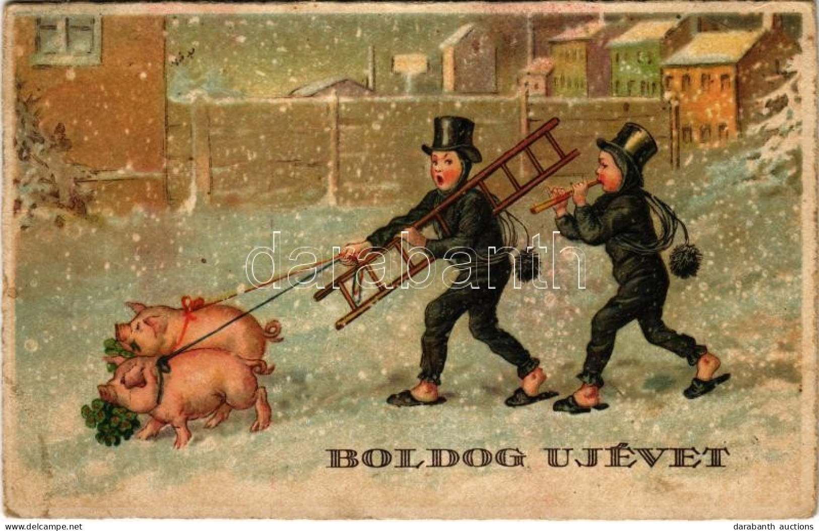 * T3 Boldog Újévet! / New Year Greeting Art Postcard With Chimney Sweepers And Pigs. Pittius (fl) - Unclassified