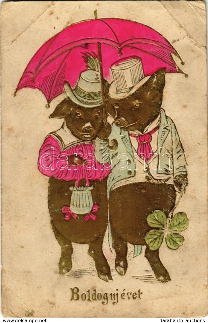 T3/T4 1910 Boldog Újévet! / New Year Greeting Art Postcard With Pig Couple. Emb. Golden Litho (EB) - Non Classés