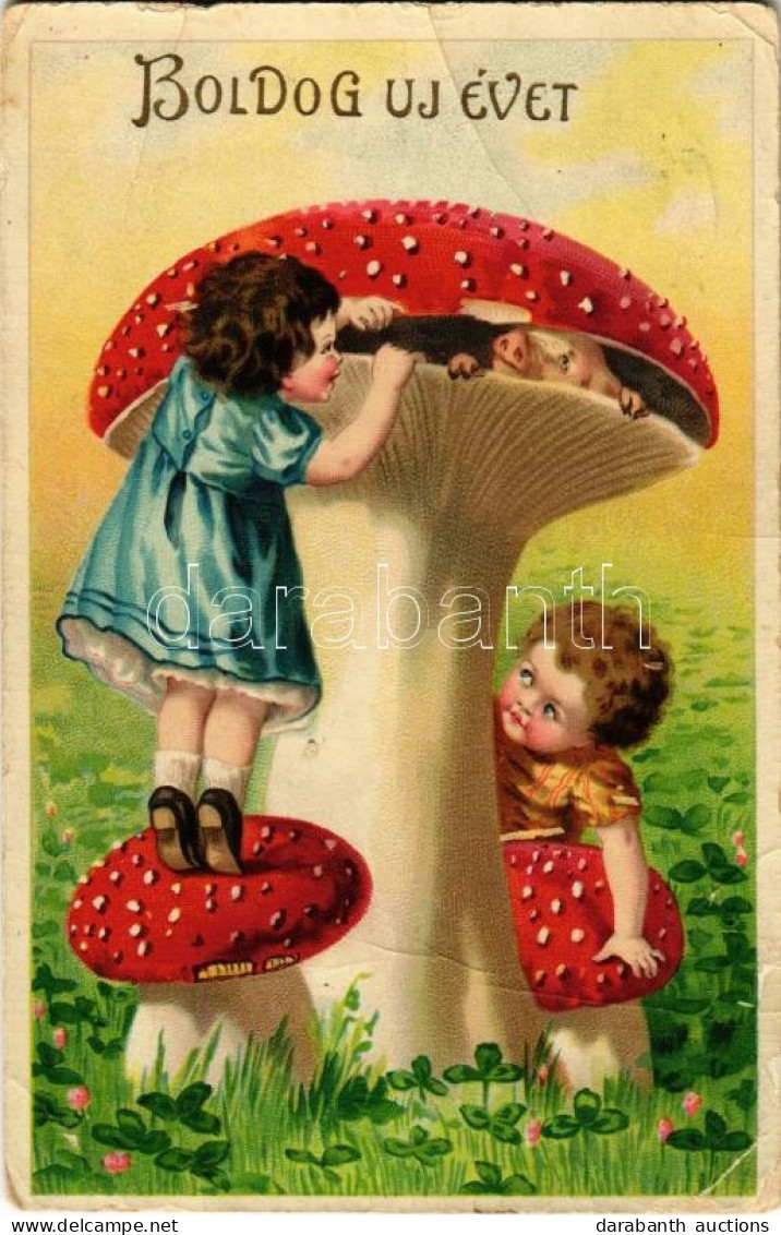 T3 1911 Boldog Újévet! / New Year Greeting Art Postcard With Children And Mushroom (EB) - Unclassified