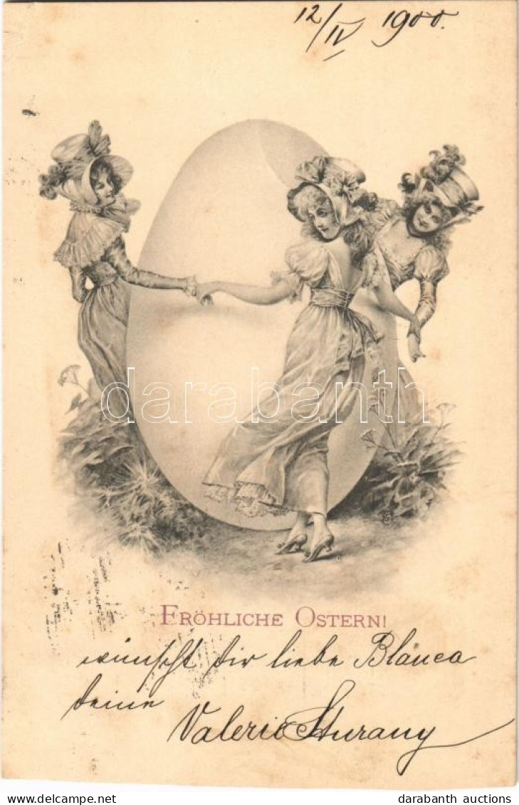 T4 1900 Fröhliche Ostern! / Easter Greeting Art Postcard, Ladies Dancing Around A Giant Egg. M. Munk Wien (vágott / Cut) - Non Classificati