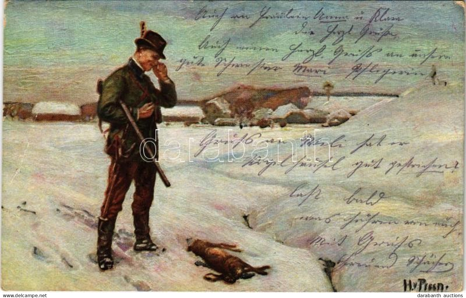 T3 1916 Hunter With Dead Fox In The Snow. K.V.B. Serie 9013. Artist Signed (szakadás / Tear) - Unclassified