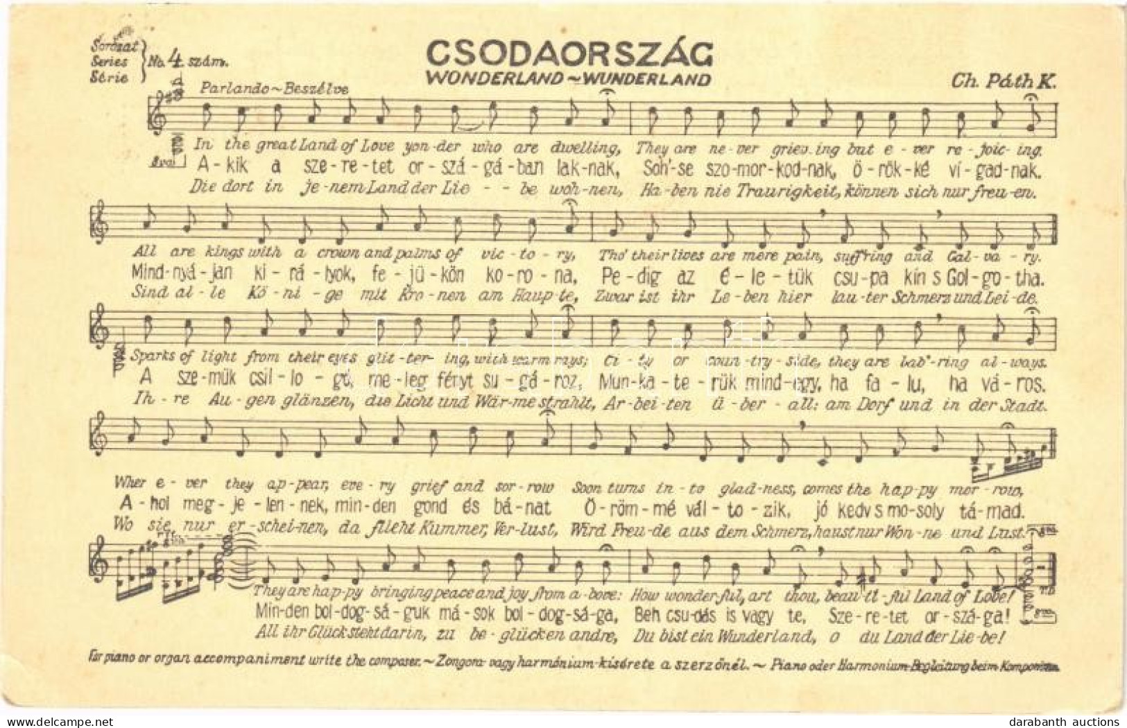 T2/T3 1937 Csodaország. Kiadja A Szerző Charles Páth Károly / Hungarian Music Sheet Motive Card (EB) - Unclassified