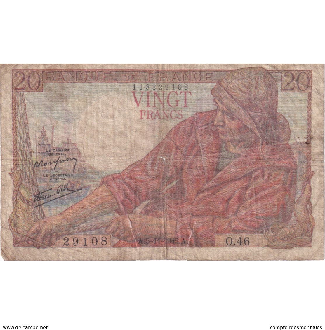 France, 20 Francs, Pêcheur, 1942, O.46, B, Fayette:13.4, KM:100a - 20 F 1942-1950 ''Pêcheur''