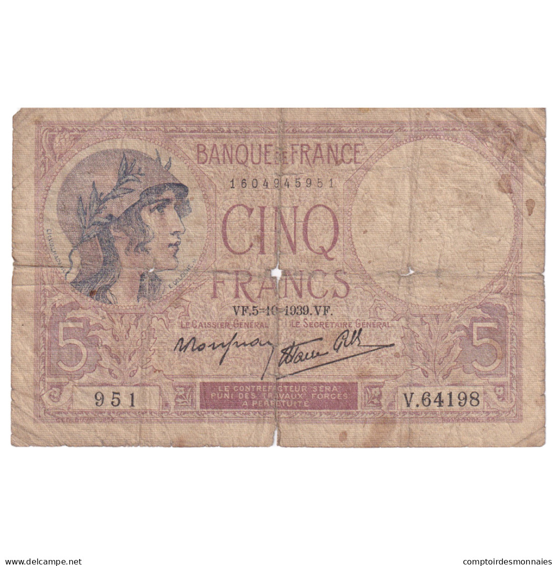 France, 5 Francs, Violet, 1939, V.64198, B, Fayette:4.11, KM:83 - 5 F 1917-1940 ''Violet''