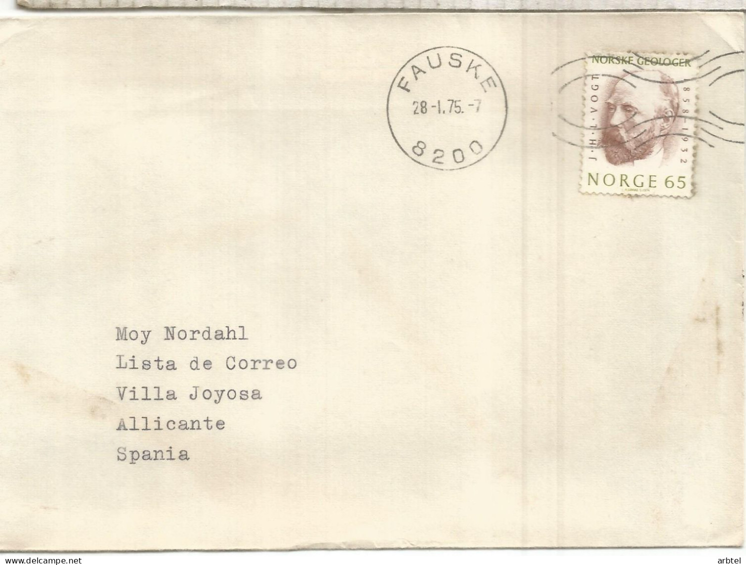 NORUEGA A VILAJOYOSA ALICANTE CC 1976 FAUSKE SELLO VOGT CON LLEGADA - Storia Postale