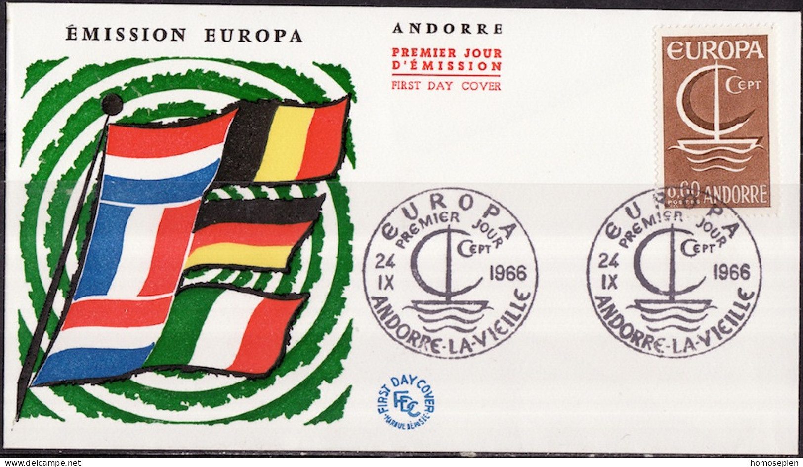 Europa CEPT 1966 Andorre Français - Andorra FDC1 Y&T N°178 - Michel N°198 - 60c EUROPA - 1966