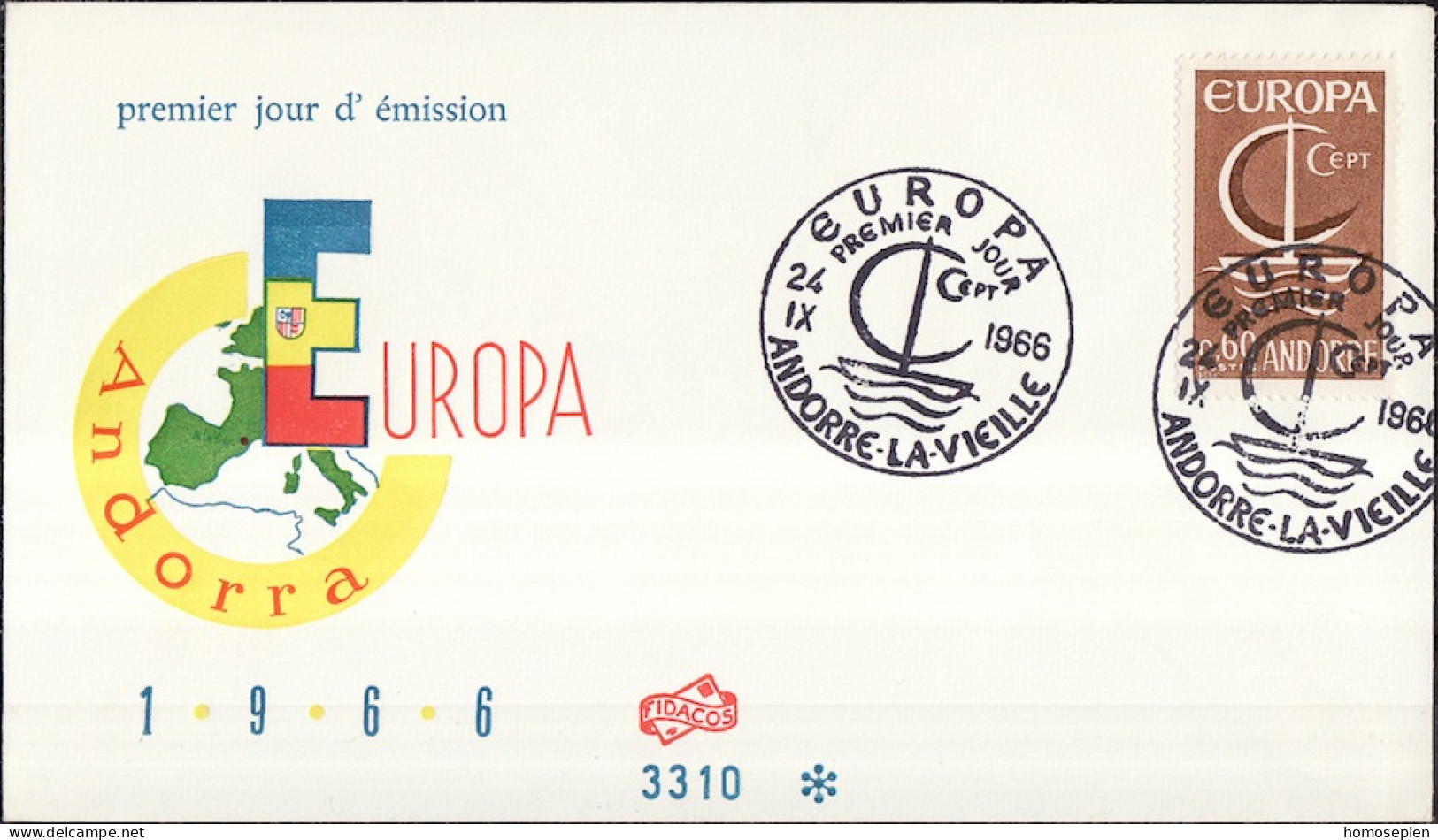 Europa CEPT 1966 Andorre Français - Andorra FDC2 Y&T N°178 - Michel N°198 - 60c EUROPA - 1966