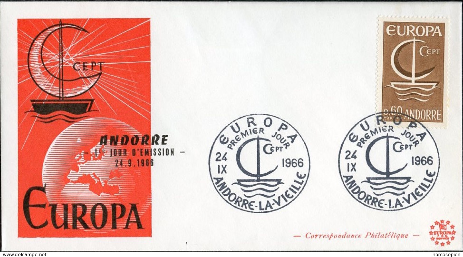 Europa CEPT 1966 Andorre Français - Andorra FDC5 Y&T N°178 - Michel N°198 - 60c EUROPA - 1966