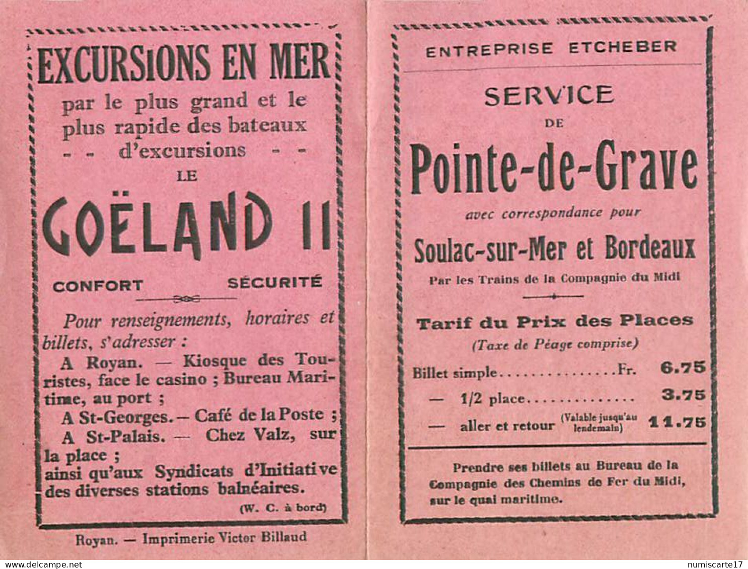 Service De Pointe De Grave - Entreprise Etcheber - Horaires Royan Soulac 1933 - Imprimerie Billaud - Europa