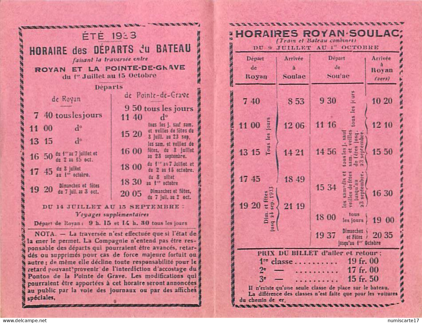 Service De Pointe De Grave - Entreprise Etcheber - Horaires Royan Soulac 1933 - Imprimerie Billaud - Europe