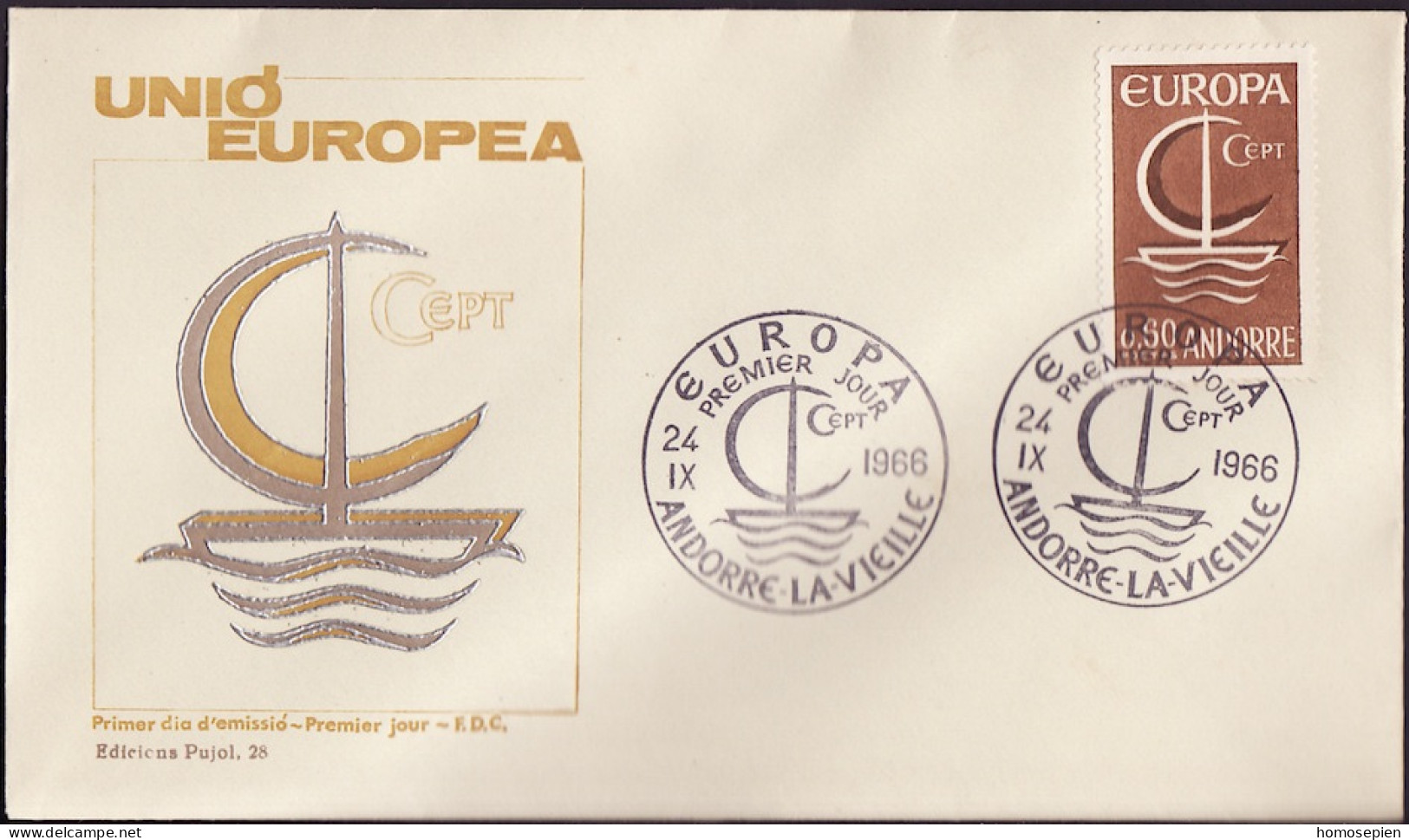 Europa CEPT 1966 Andorre Français - Andorra FDC7 Y&T N°178 - Michel N°198 - 60c EUROPA - 1966