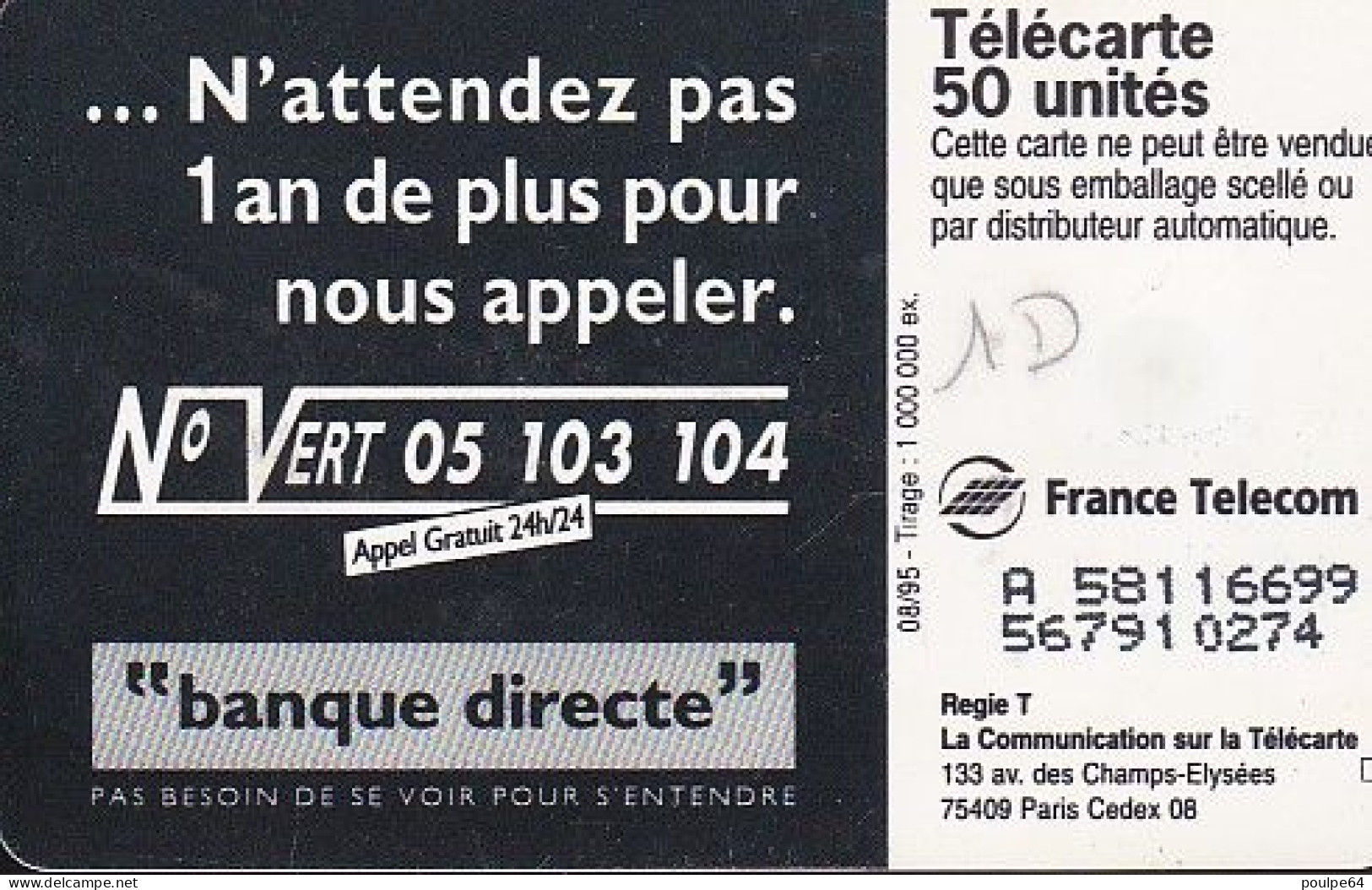 F586 - 08/1995 - BANQUE DIRECTE - 50 SO3 - (verso : N° Noirs Deux Lignes - 2ème Ligne Vers La Gauche Sous A) - 1995