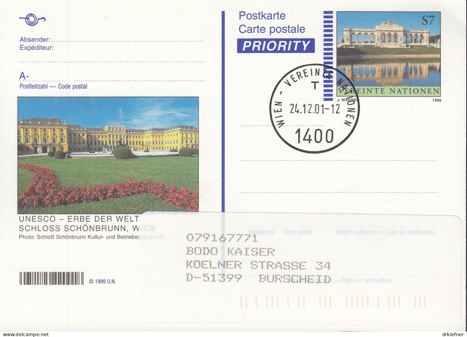 UNO WIEN P 12, Gestempelt, Schönbrunn, 1999 - Cartas & Documentos