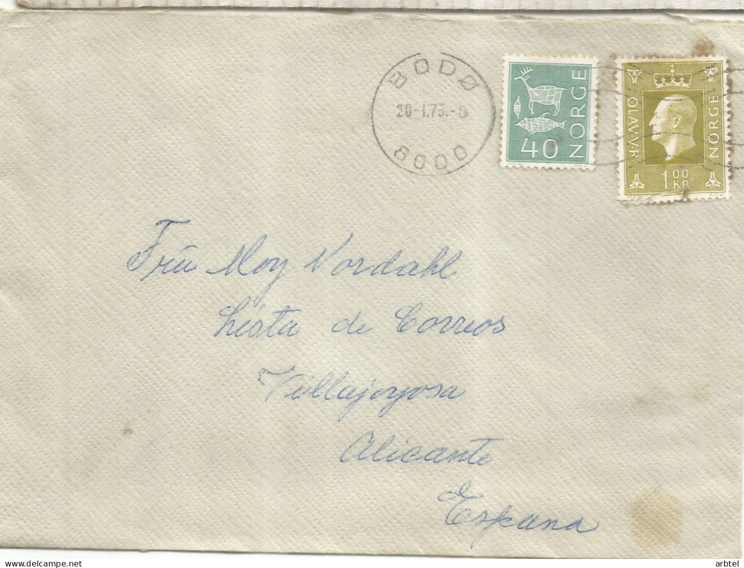 NORUEGA A VILAJOYOSA ALICANTE CC MAT BODO 1975 - Storia Postale