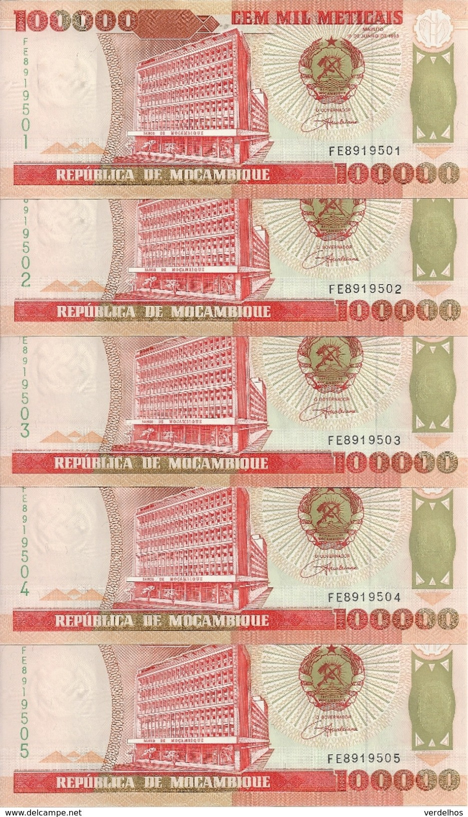 MOZAMBIQUE 100000 METICAIS 1993 UNC P 139 ( 5 Billets ) - Moçambique