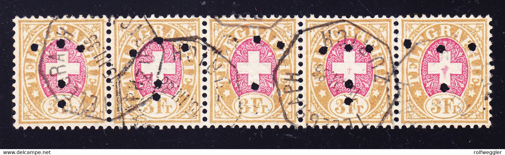 1881 3 FR Braun-rosa Gestempelter 5er Streifen Mit Perfin "T", Thoman, ZH. KAT Nr. 18. - Télégraphe