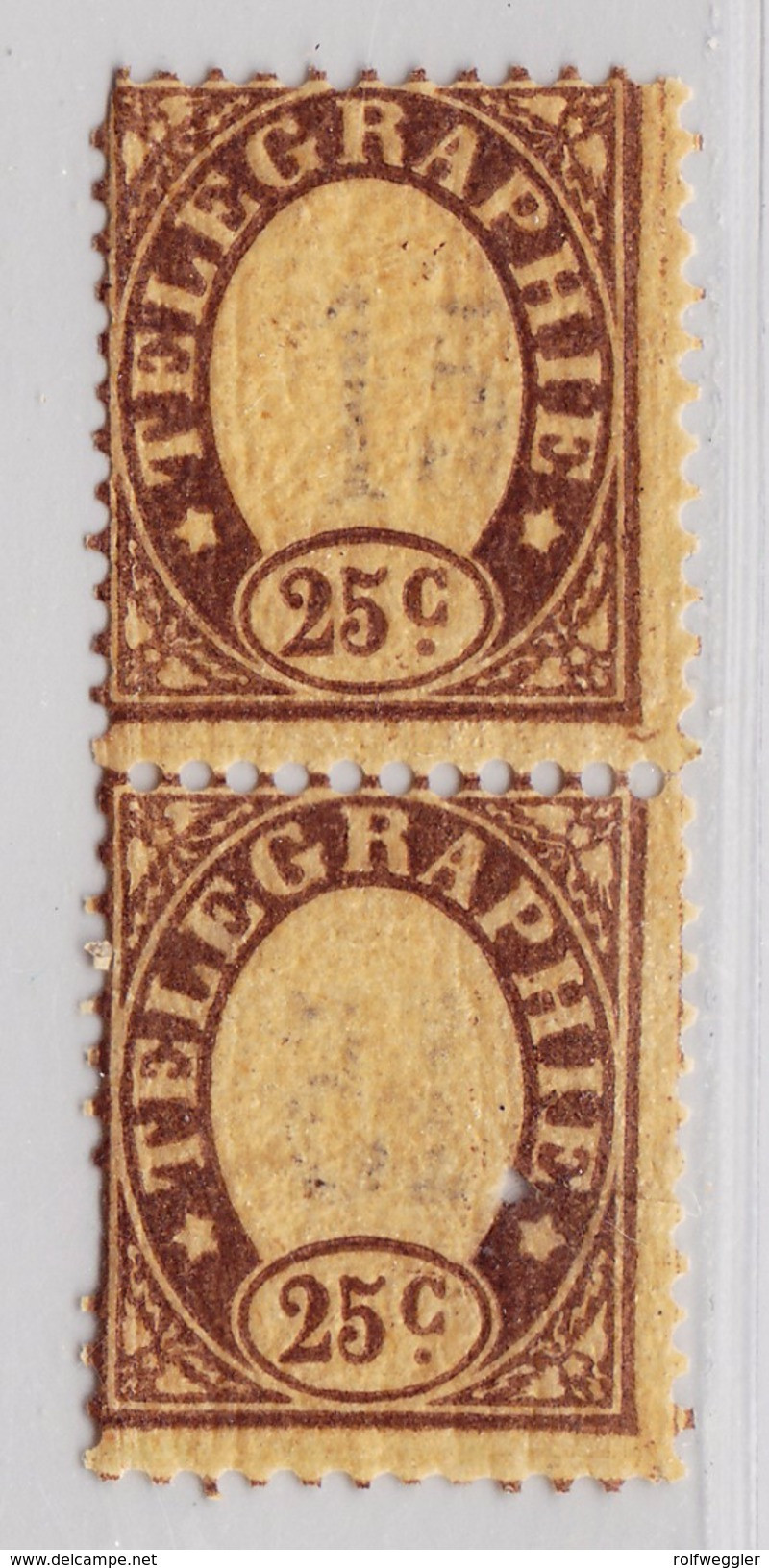 Schweiz Telegraphen-Marke 1868 Probedruck 25c Lila Paar Senkrecht Auf Dünnem Papier Ohne Druck Des Mittelstückes (Wappen - Télégraphe