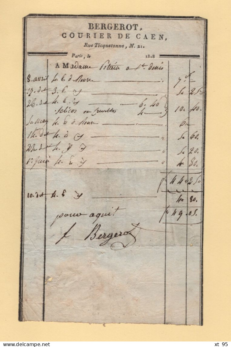 Bordereau Bergerot - Courrier De Caen - Rue Ticquetonne N°21 - 1818 - 1801-1848: Précurseurs XIX