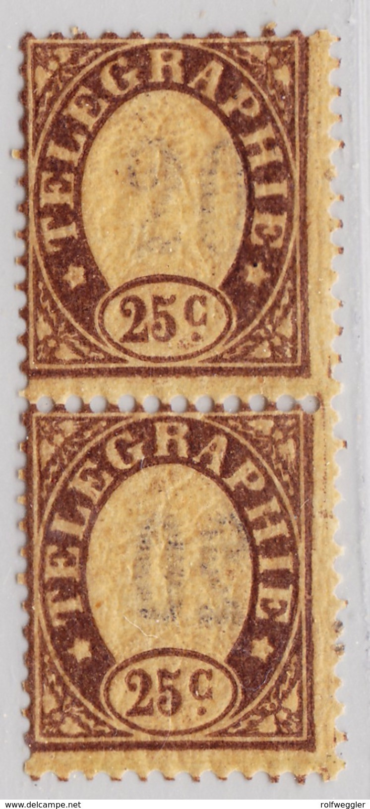 Schweiz Telegraphen-Marke 1868 Probedruck 25c Braun Senkrechtes Paar Rückseitig Aufdruck 20 Verkehrt - Telegraph