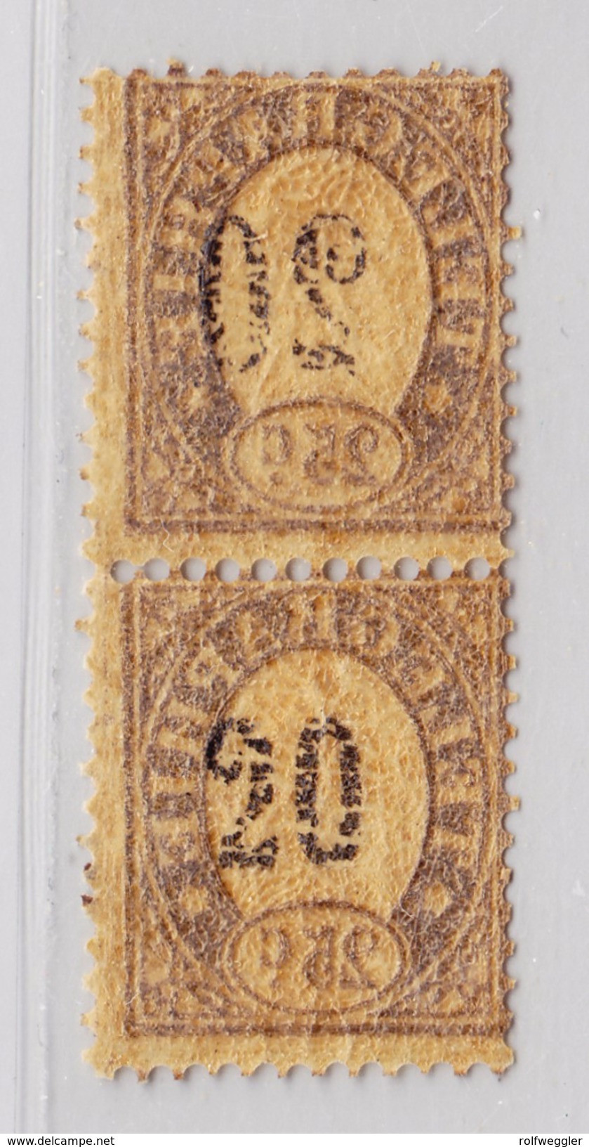 Schweiz Telegraphen-Marke 1868 Probedruck 25c Braun Senkrechtes Paar Rückseitig Aufdruck 20 Verkehrt - Telegraafzegels