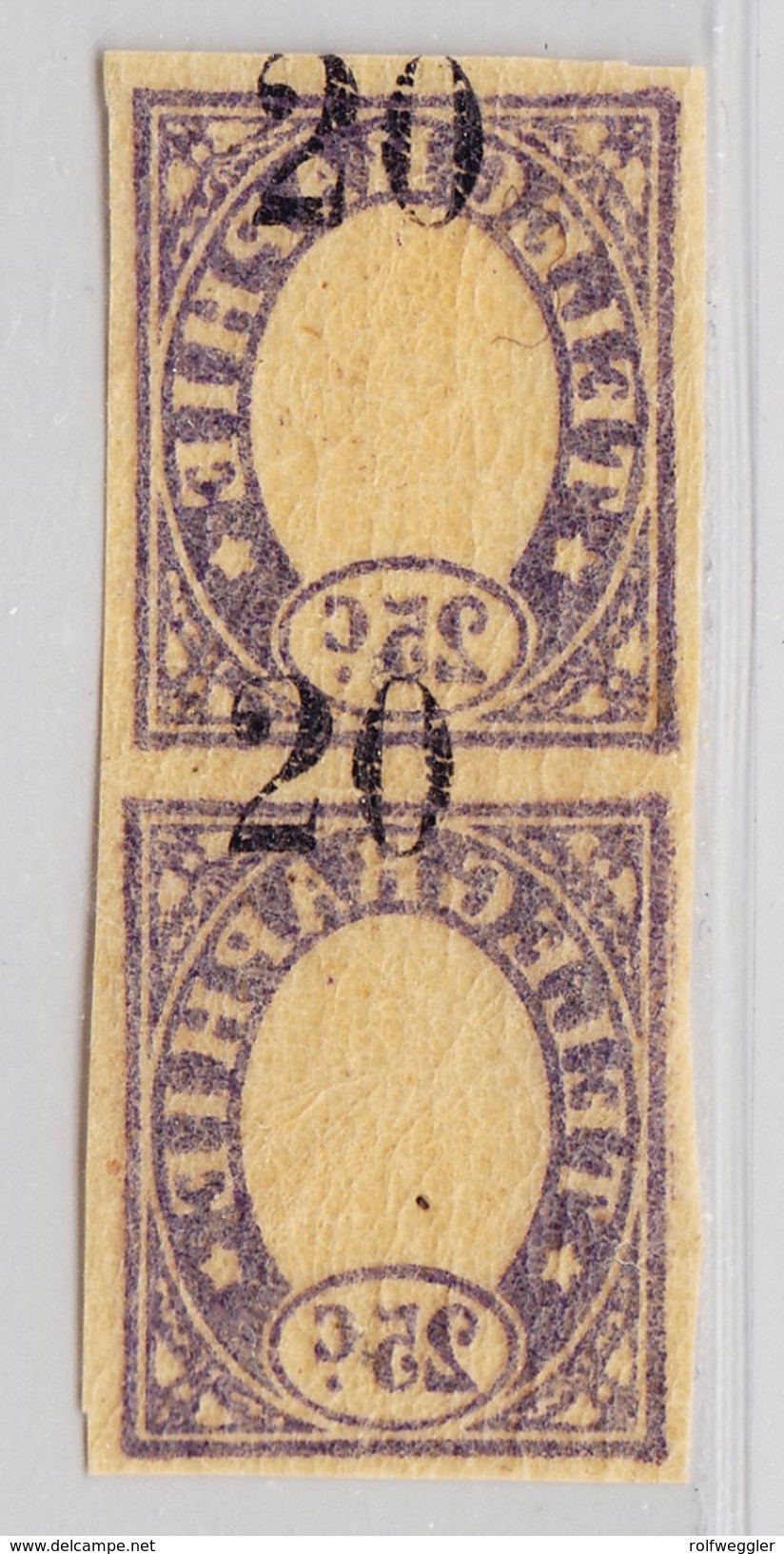 Schweiz Telegraphenmarke 1868 Probedruck 25c Lila Senkrechtes Paar Auf Hauchdünnen Papier Rückseitiger Nummern-Aufdruck - Telegrafo