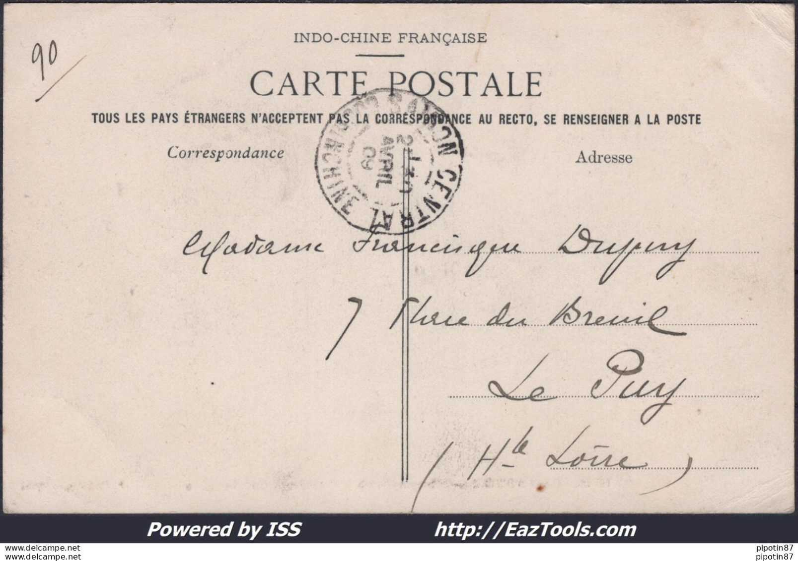 INDOCHINE N°27 SUR CP POUR LE PUY AVEC CAD BANAM CAMBODGE DU 28/04/1909 - Storia Postale