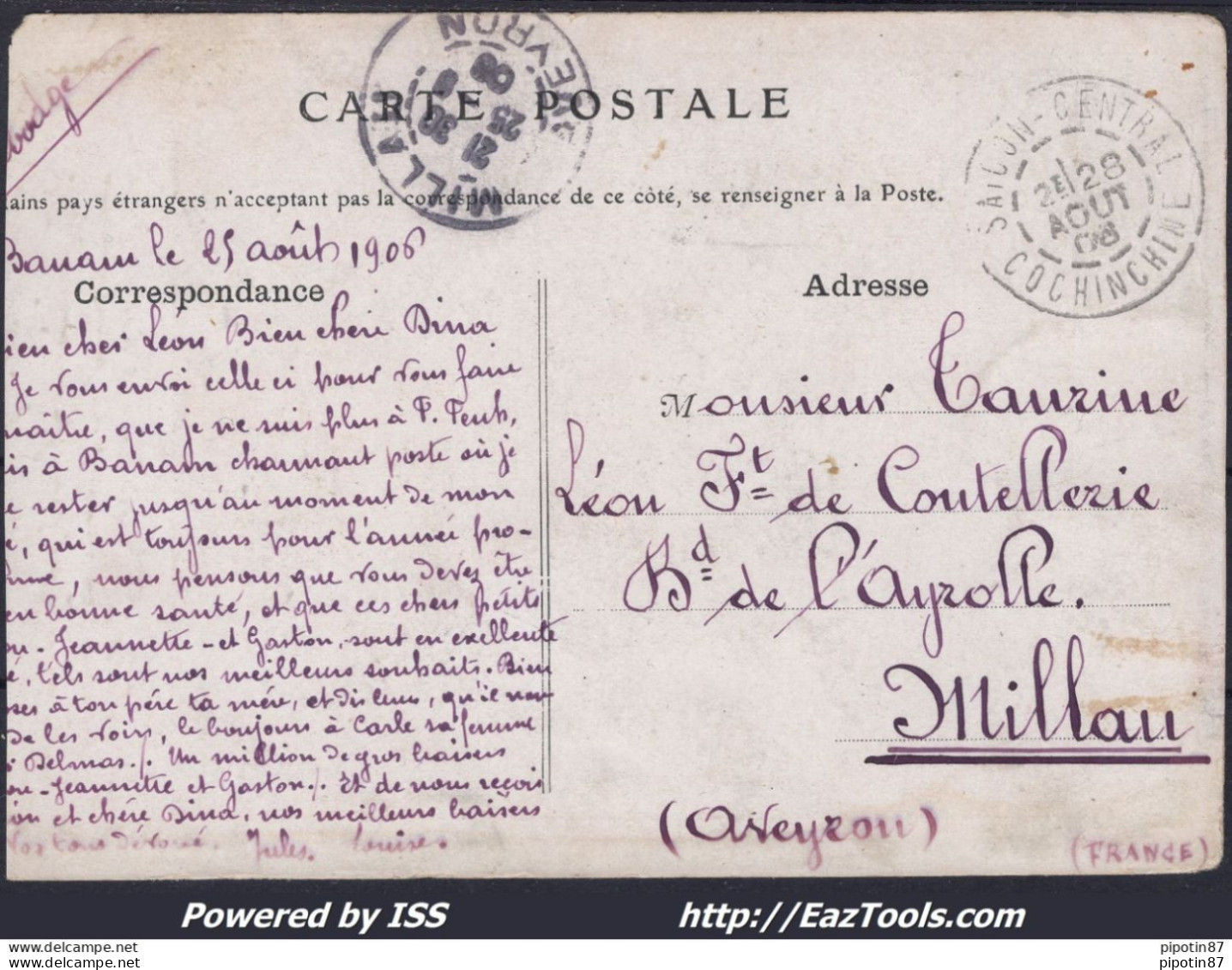 INDOCHINE N°27x2 SUR CP POUR MILLAU AVEC CAD BANAM CAMBODGE DU 25/08/1906 - Briefe U. Dokumente