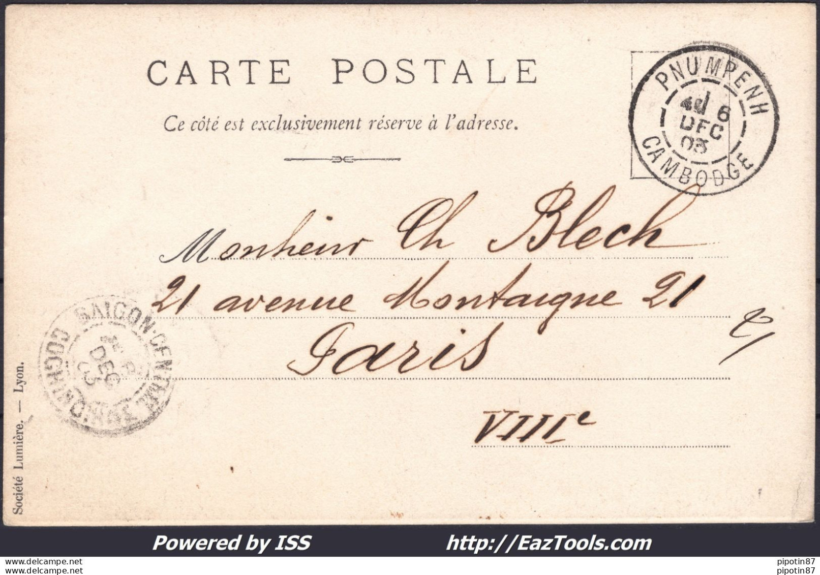 INDOCHINE N° 18 SUR CP POUR PARIS AVEC CAD PNUMPENH CAMBODGE DU 06/12/1903 - Storia Postale