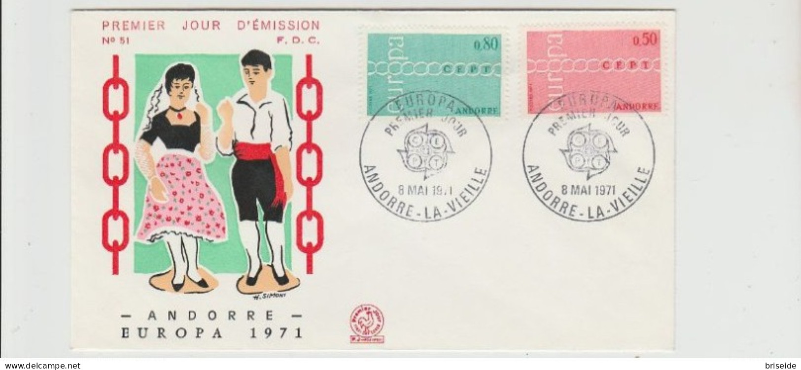 1971 N. 1 BUSTA EUROPA CEPT PREMIERJOUR D'E MISSION FIRST DAY COVER ERSTTAGSBRIEF 1°GIORNO EMISSION ANDORRE - 1971