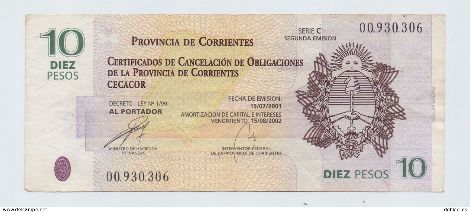 ARGENTINA - CORRIENTES PROVINCE EMERGENCY ISSUE 10 PESOS 2001 VF - Argentine