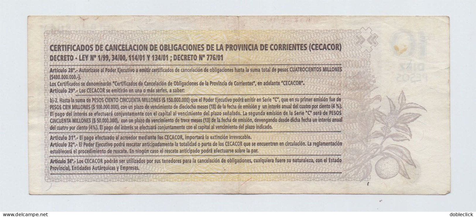 ARGENTINA - CORRIENTES PROVINCE EMERGENCY ISSUE 10 PESOS 2001 VF - Argentine