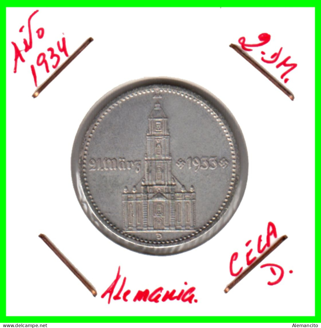 GERMANY - ALEMANIA DEUTFCHES REICH MONEDA DE 2.00 REICHSMARK AÑO 1934-D MONEDA DE PLATA - 27 MM.  ANIVERSARIO GOBI-NAZI - 2 Reichsmark