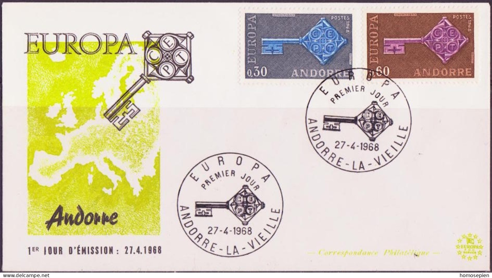 Europa CEPT 1968 Andorre Français - Andorra FDC2 Y&T N°188 à 189 - Michel N°208 à 209 - 1968