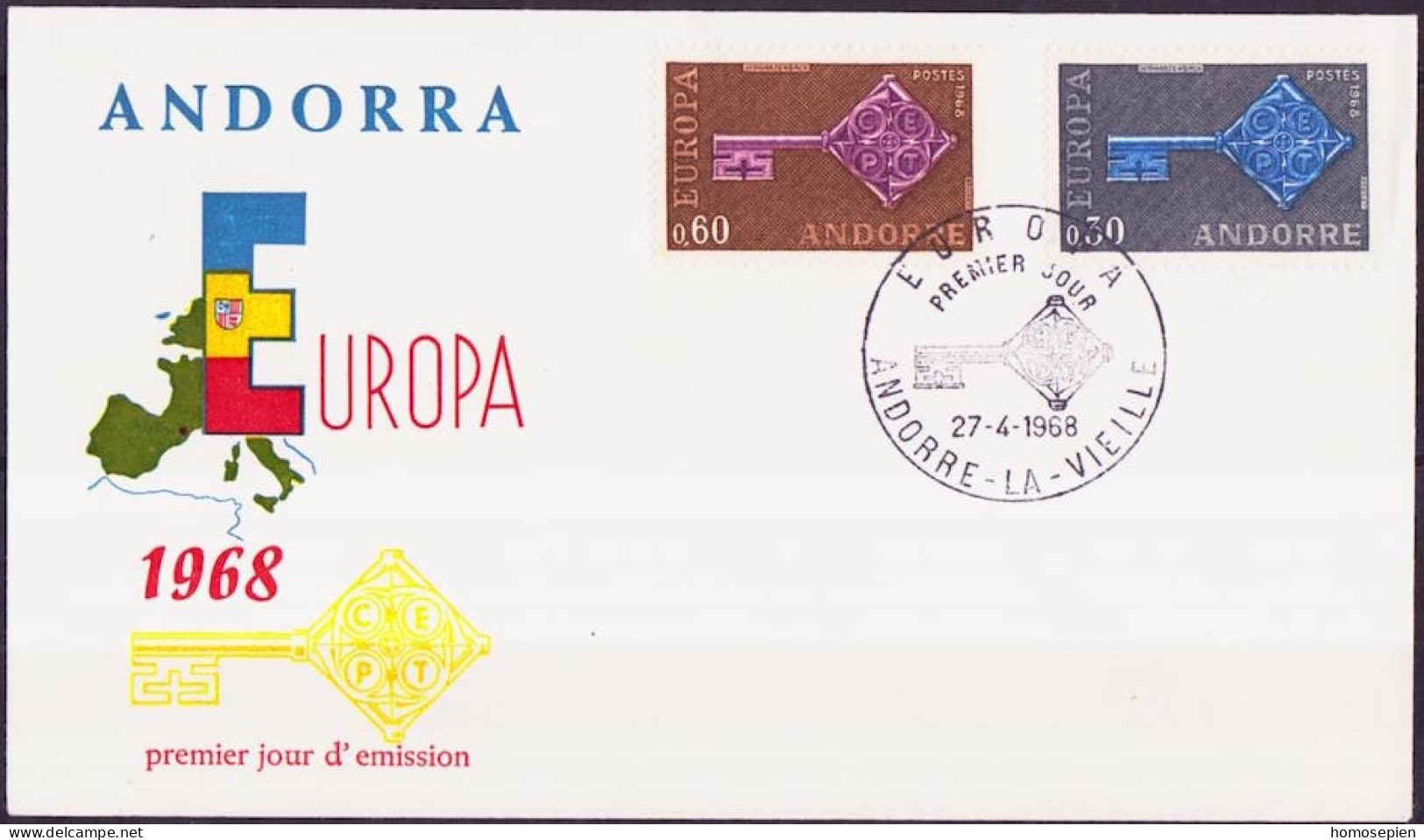 Europa CEPT 1968 Andorre Français - Andorra FDC4 Y&T N°188 à 189 - Michel N°208 à 209 - 1968