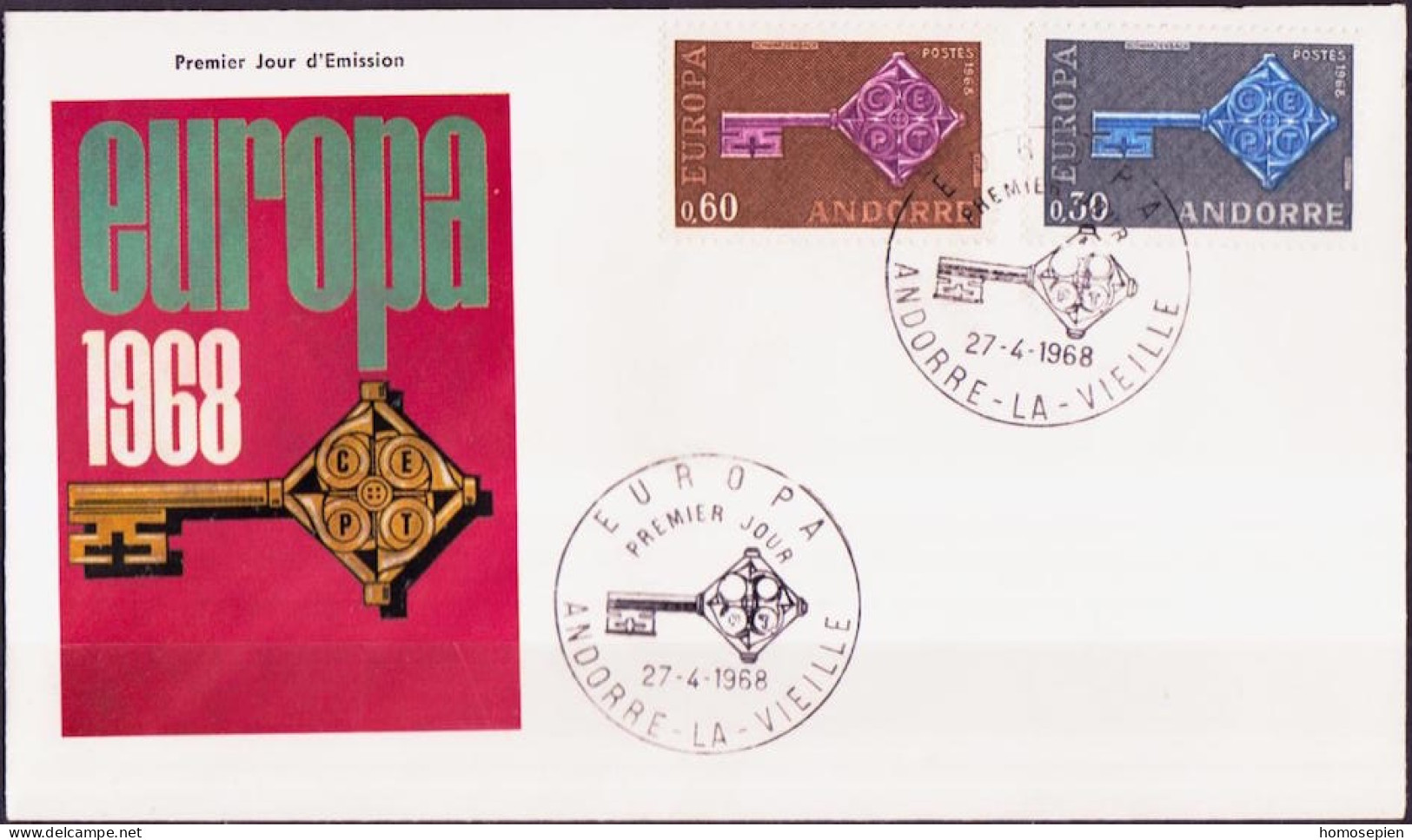 Europa CEPT 1968 Andorre Français - Andorra FDC5 Y&T N°188 à 189 - Michel N°208 à 209 - 1968