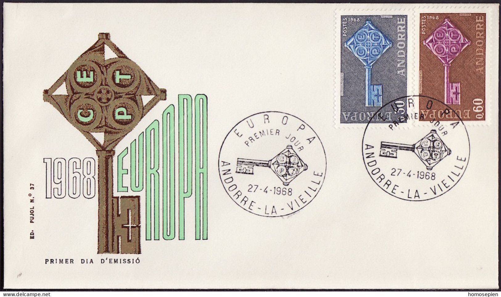 Europa CEPT 1968 Andorre Français - Andorra FDC8 Y&T N°188 à 189 - Michel N°208 à 209 - 1968