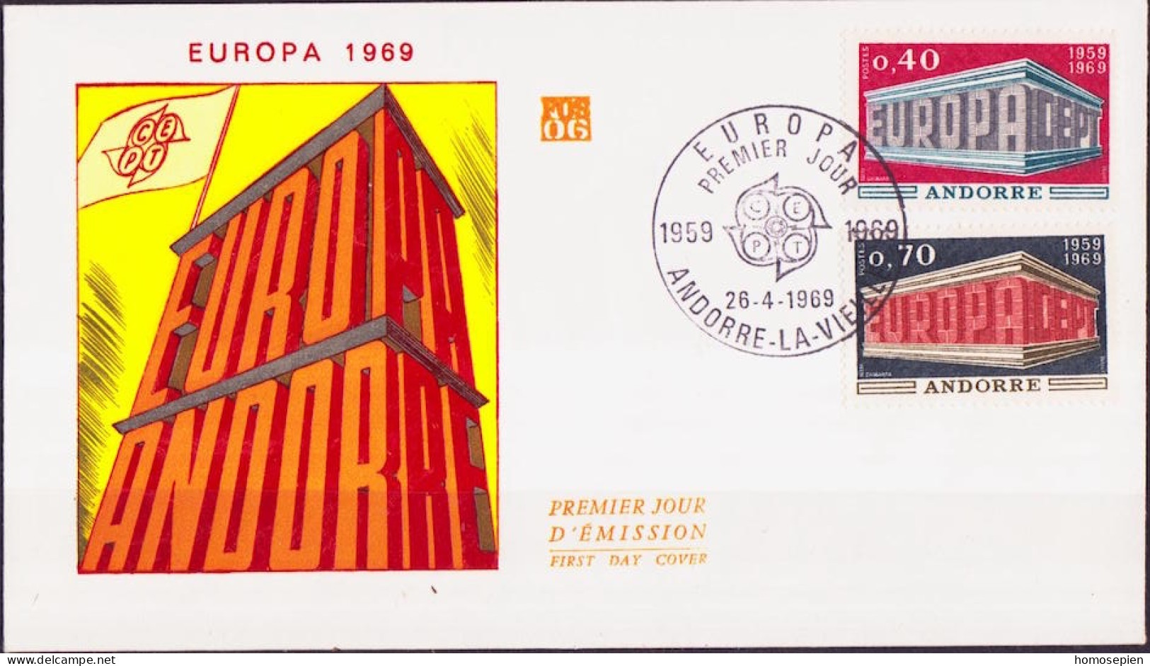 Europa CEPT 1969 Andorre Français - Andorra FDC2 Y&T N°194 à 195 - Michel N°214 à 215 - 1969