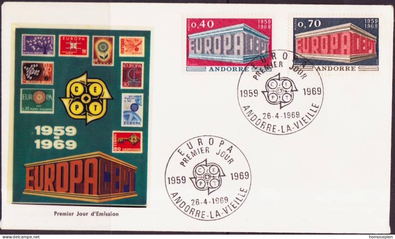 Europa CEPT 1969 Andorre Français - Andorra FDC3 Y&T N°194 à 195 - Michel N°214 à 215 - 1969