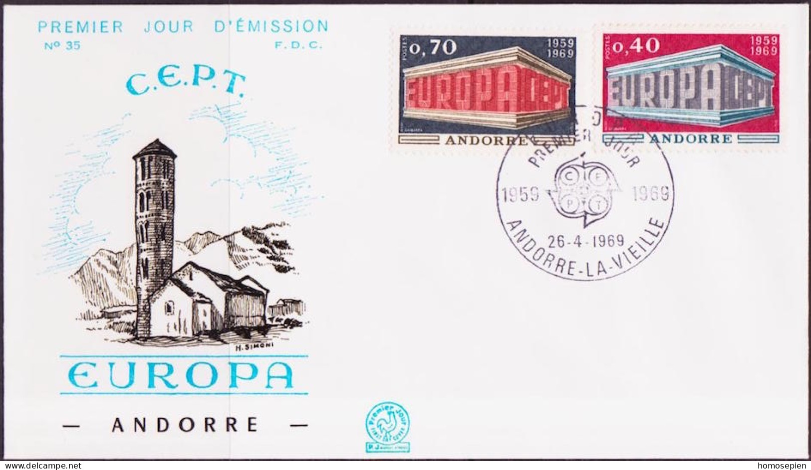 Europa CEPT 1969 Andorre Français - Andorra FDC4 Y&T N°194 à 195 - Michel N°214 à 215 - 1969