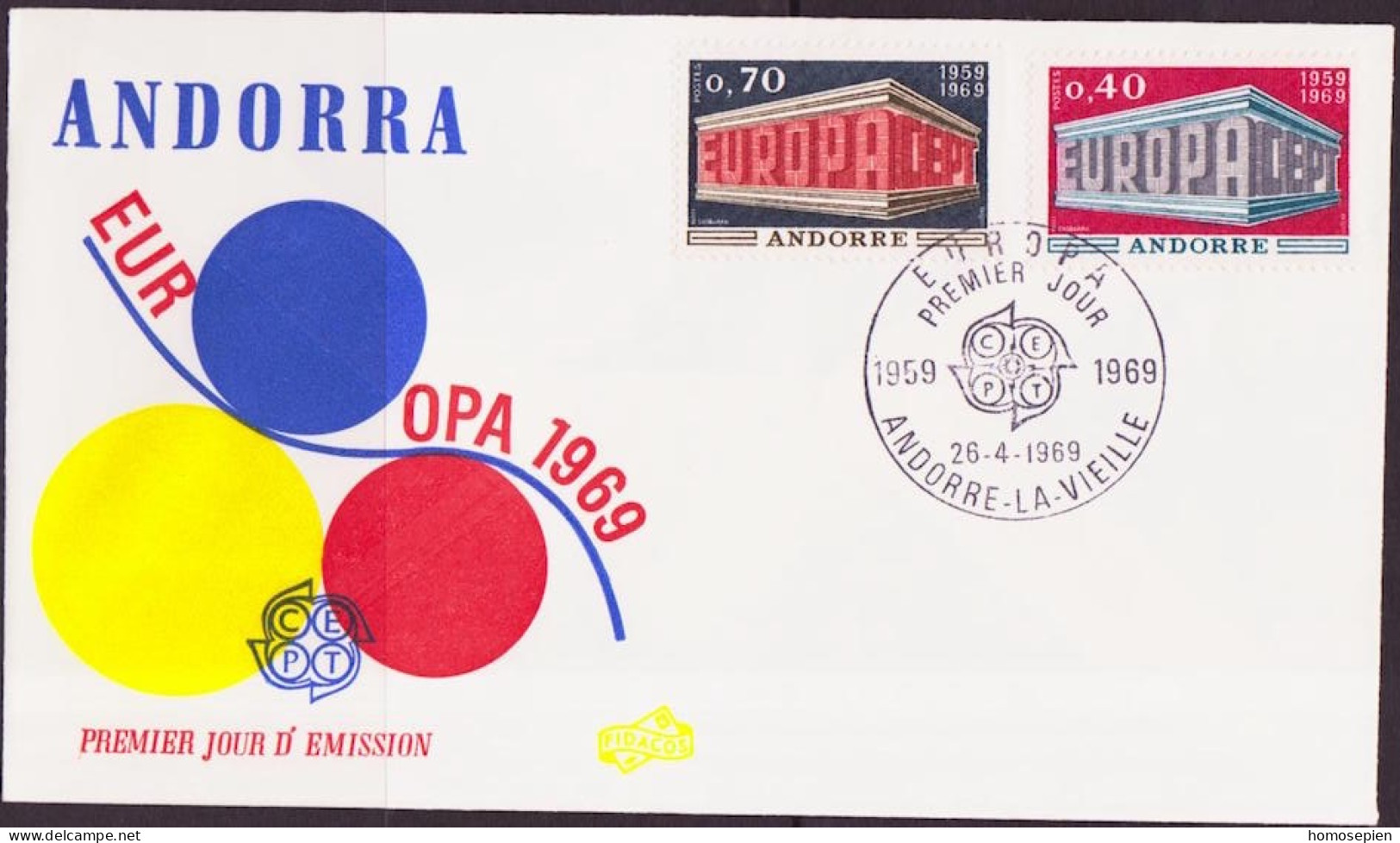 Europa CEPT 1969 Andorre Français - Andorra FDC6 Y&T N°194 à 195 - Michel N°214 à 215 - 1969