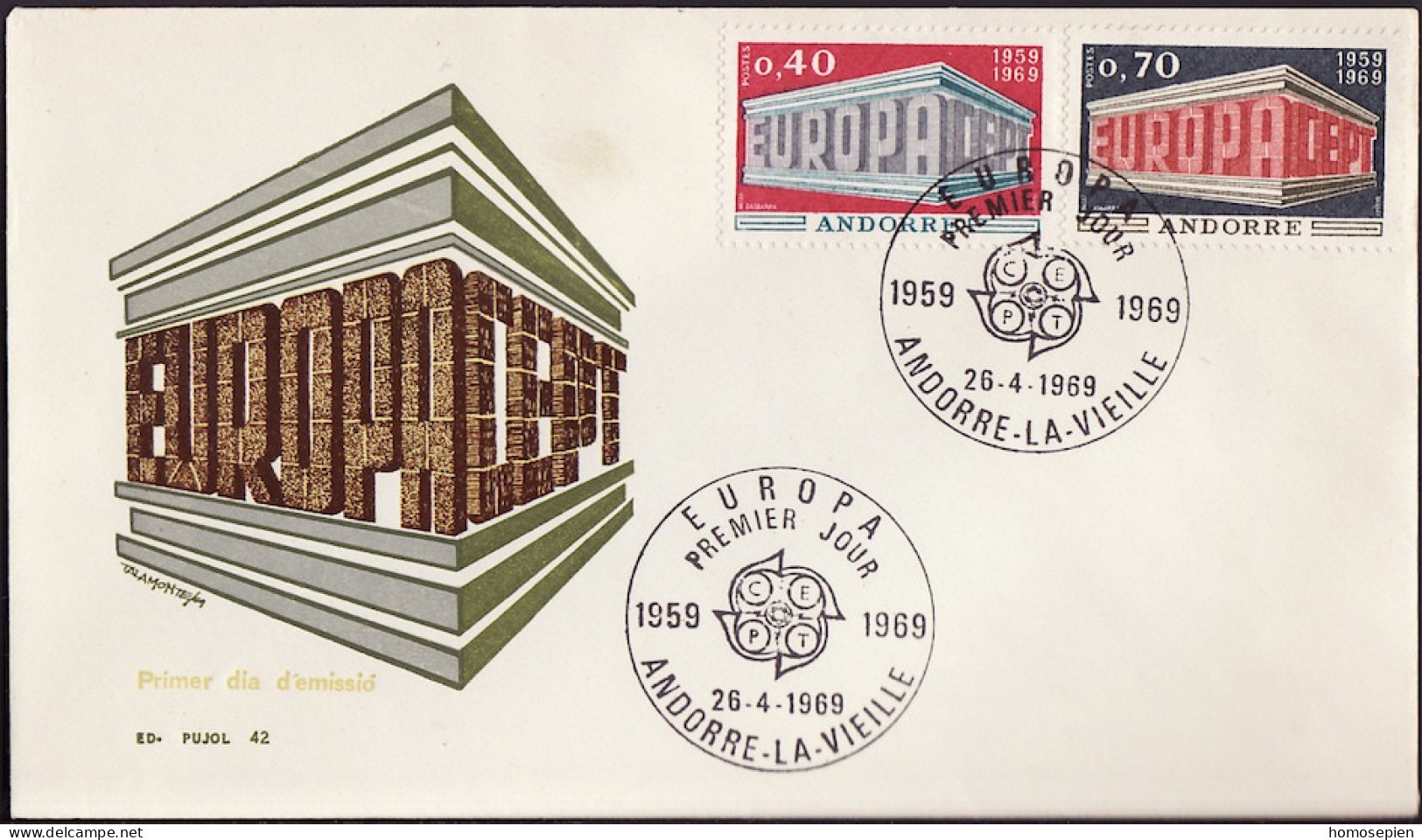 Europa CEPT 1969 Andorre Français - Andorra FDC7 Y&T N°194 à 195 - Michel N°214 à 215 - 1969