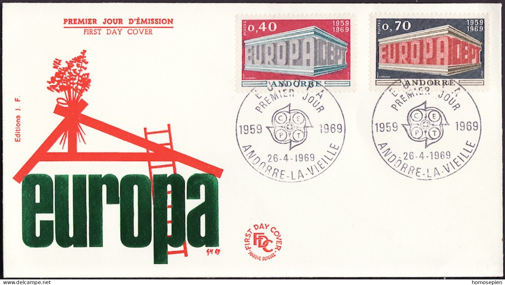 Europa CEPT 1969 Andorre Français - Andorra FDC8 Y&T N°194 à 195 - Michel N°214 à 215 - 1969