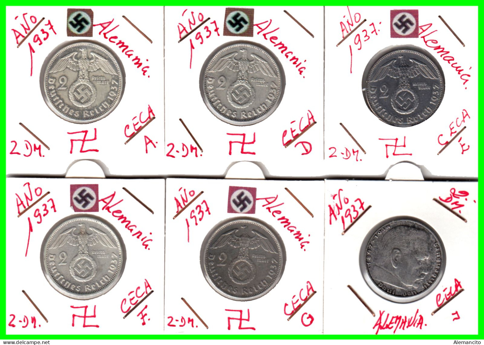 GERMANY - ALEMANIA DEUTFCHES REICH SERIE COMPLETA MONEDAS DE 2.00 REICHSMARK AÑO 1937  MONEDA DE PLATA –ESBALTICA - 2 Reichsmark