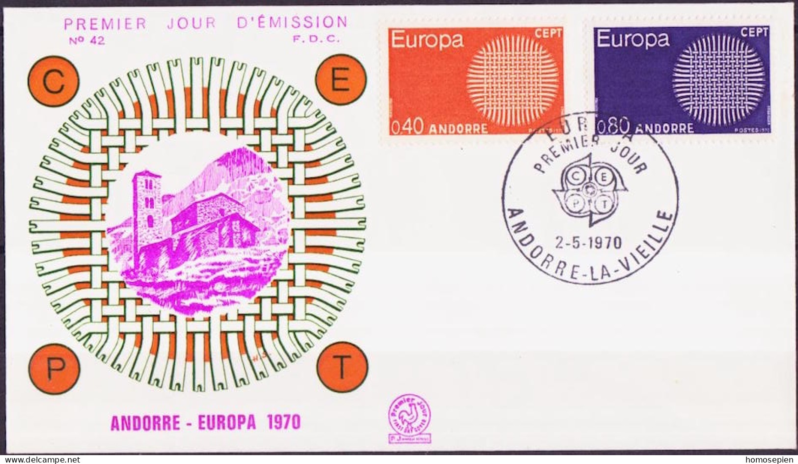 Europa CEPT 1970 Andorre Français - Andorra FDC1 Y&T N°202 à 203 - Michel N°222 à 223 - 1970