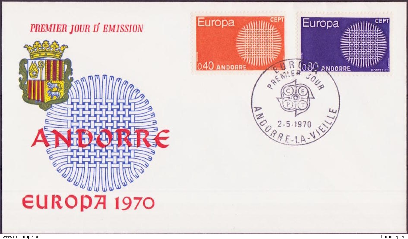 Europa CEPT 1970 Andorre Français - Andorra FDC3 Y&T N°202 à 203 - Michel N°222 à 223 - 1970