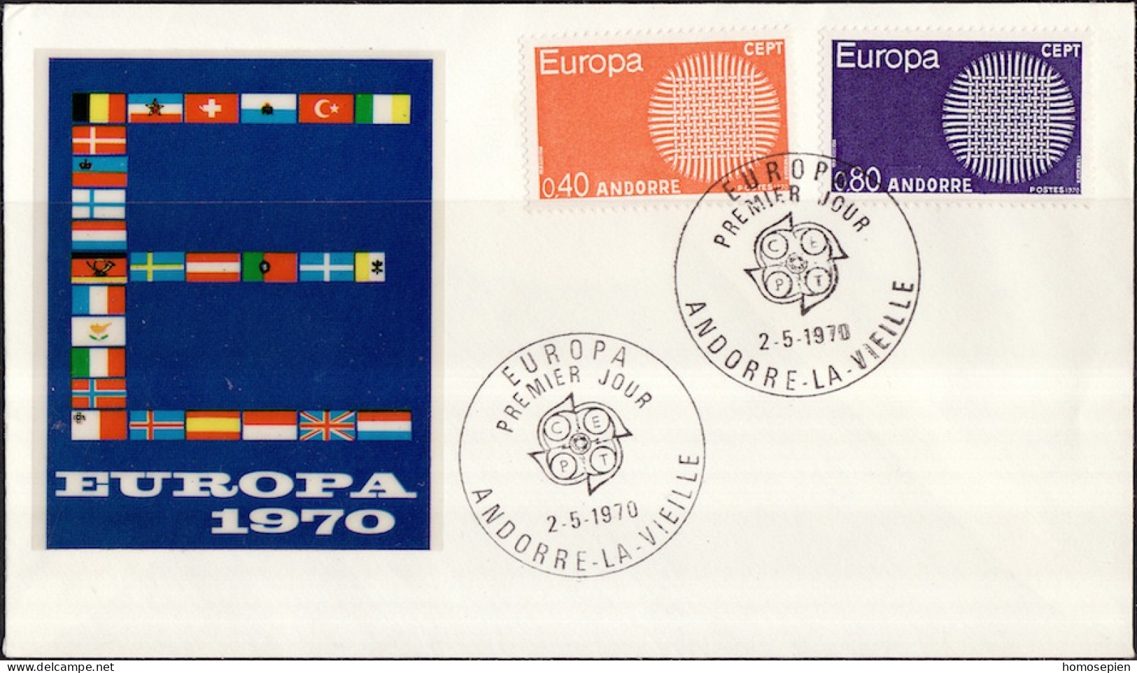 Europa CEPT 1970 Andorre Français - Andorra FDC4 Y&T N°202 à 203 - Michel N°222 à 223 - 1970