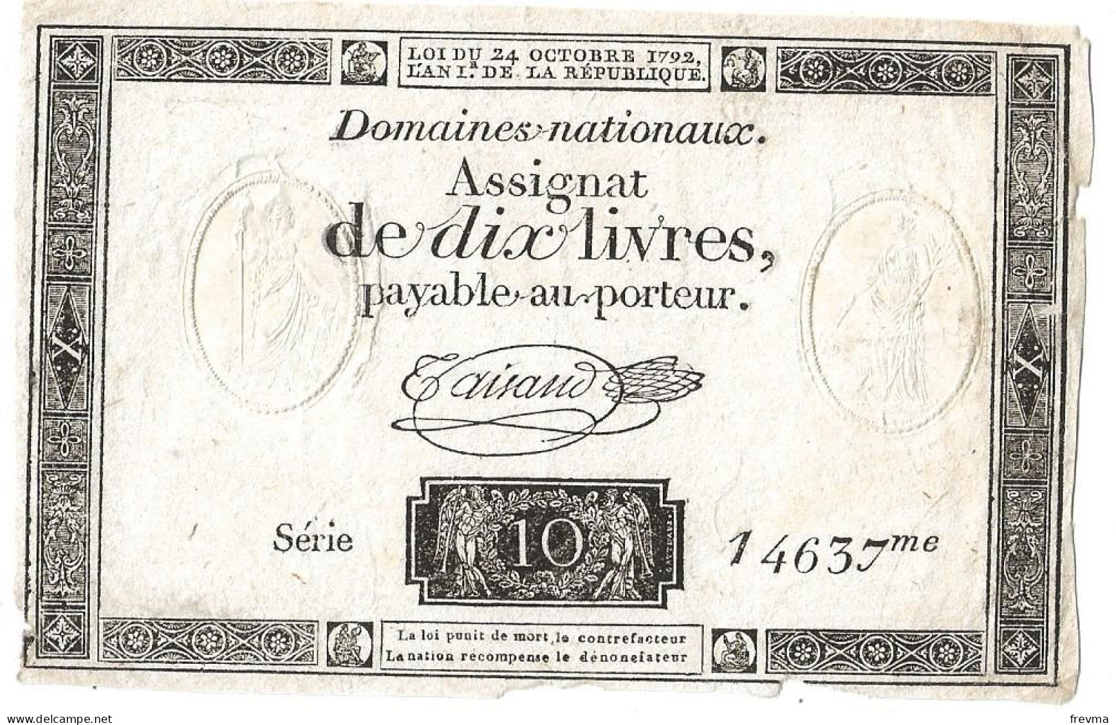 Assignat De Dix Livres Filigrane Republicain 1792  L'an Ier Série 14637 Eme - Assignats & Mandats Territoriaux