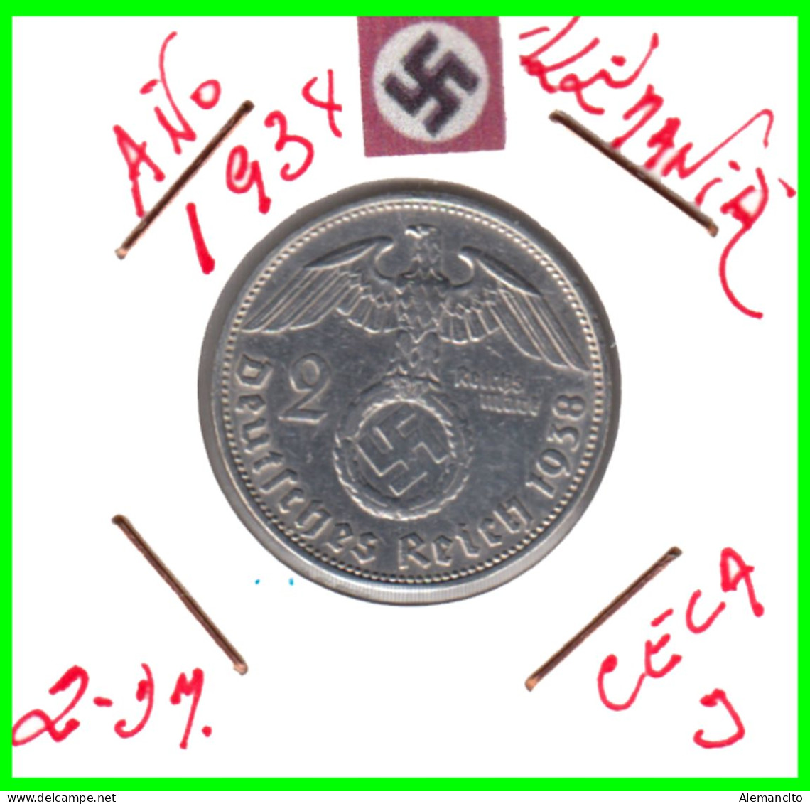 GERMANY - ALEMANIA DEUTFCHES REICH MONEDA DE 2.00 REICHSMARK AÑO 1938 MONEDA DE PLATA HINDENBURG –AGUILA Y ESBALTICA - 2 Reichsmark