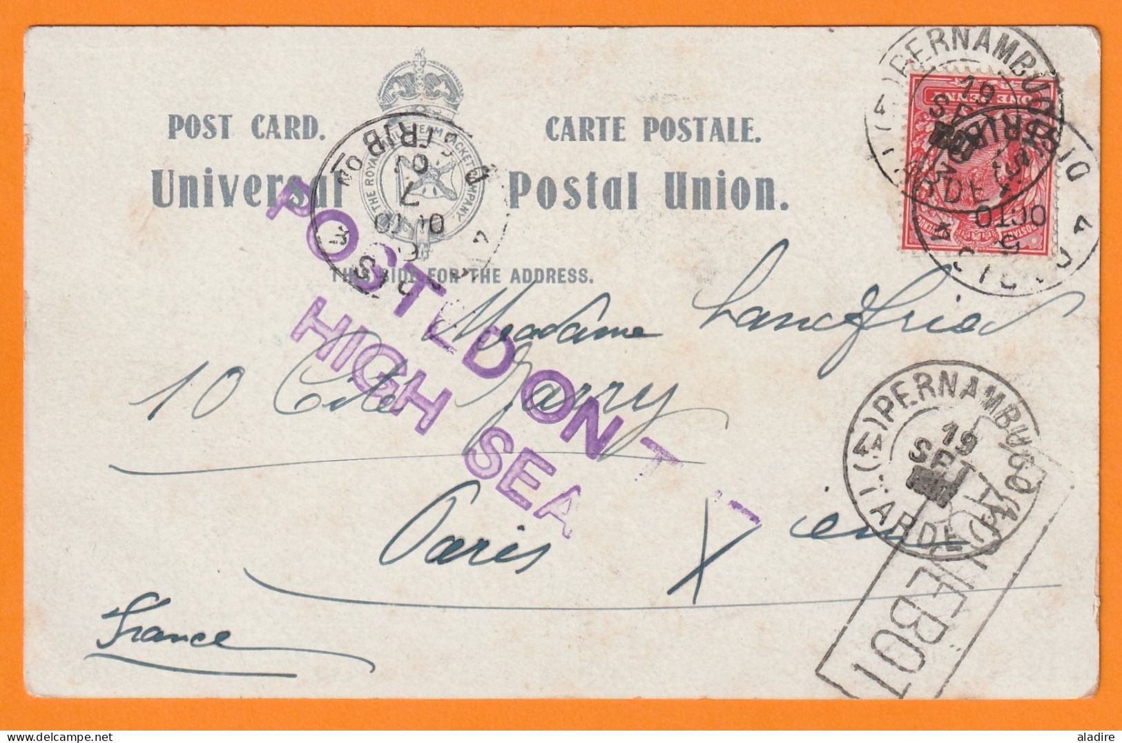 1907 - KEVII - 1 D Red- The Royal Mail Steam Packet Co Postcard From Pernambuco, Brasil To Paris, France - Arrival Stamp - Postmark Collection